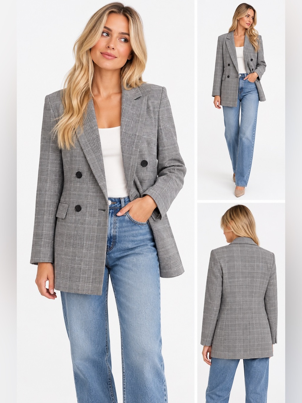 H&M Gray Plaid Double Breasted Blazer Jacket Glen Check Small